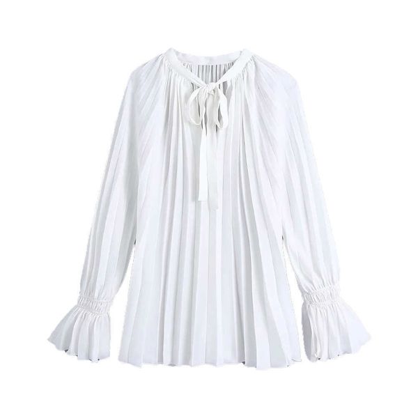 

women blouse long flare sleeves pleated casual fashion elegant white women shirts retro court style 210709