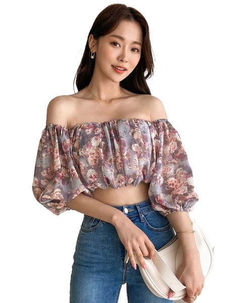 

dazy floral print off shoulder crop blouse 27eu#, White