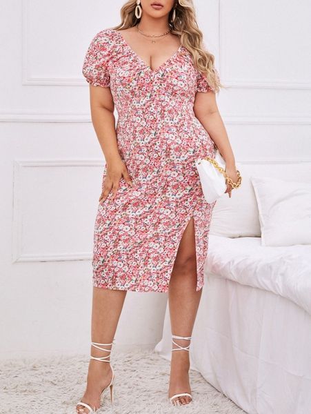 

plus allover floral print puff sleeve split thigh dress g8yz#, Black