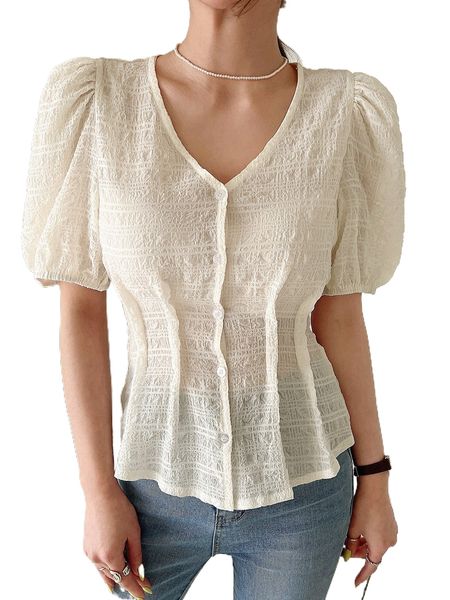 

dazy solid textured button front puff sleeve blouse without bra c4hd#, White