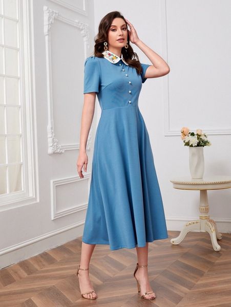 

floral embroidery contrast collar dress l7cu#, Black;gray