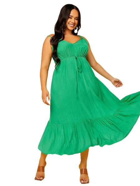 

plus tie back ruffle hem belted cami dress i12v#, Black