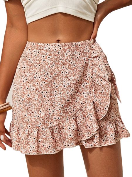 

ditsy floral print knot side ruffle trim wrap skort w4gx#, White;black