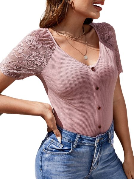 

contrast lace button front waffle knit tee b2oq#, White