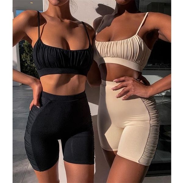 

tmustobe strapless pleated casual shorts suit skinny two piece suit for women summer backless short tacked pants suit t200501, White