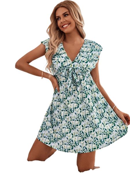 

allover floral print tie front ruched dress v6xy#, Black;gray