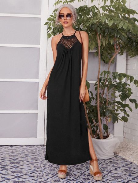 

contrast guipure lace split hem halter dress e6py#, Black;gray
