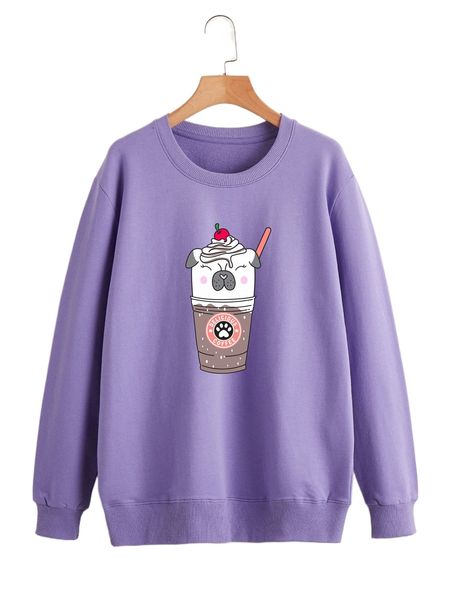 

dog and cup print sweatshirt 50ey#, Black