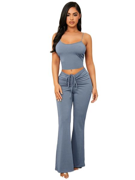 

rib-knit cami & ruched drawstring pants lounge set 08rw#, Black;red