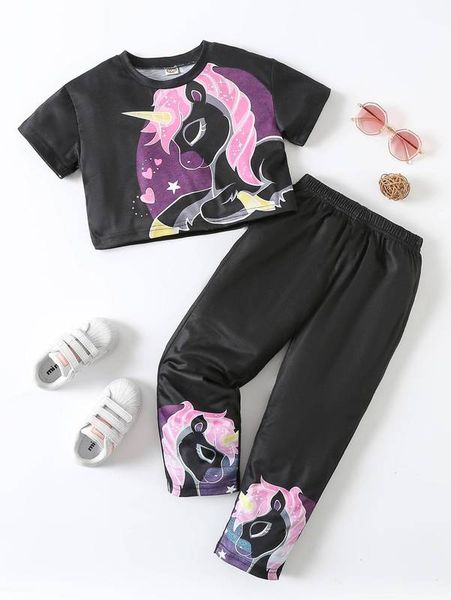 

toddler girls unicorn & heart print tee & pants she, White
