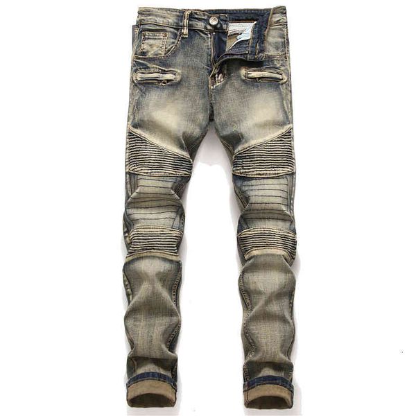 

men's jeans design blue stitching wrinkled men's small straight stretch locomotive jeans 1807 mnjj