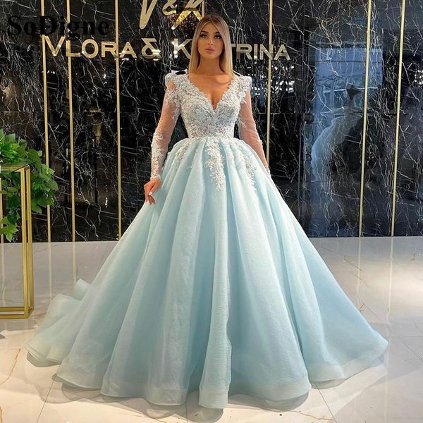 

blue elegant a-line lace prom dresses princess long sleeves v neck appliques sequins elegant 3d lace ruffles floor length party gowns plus s, Black