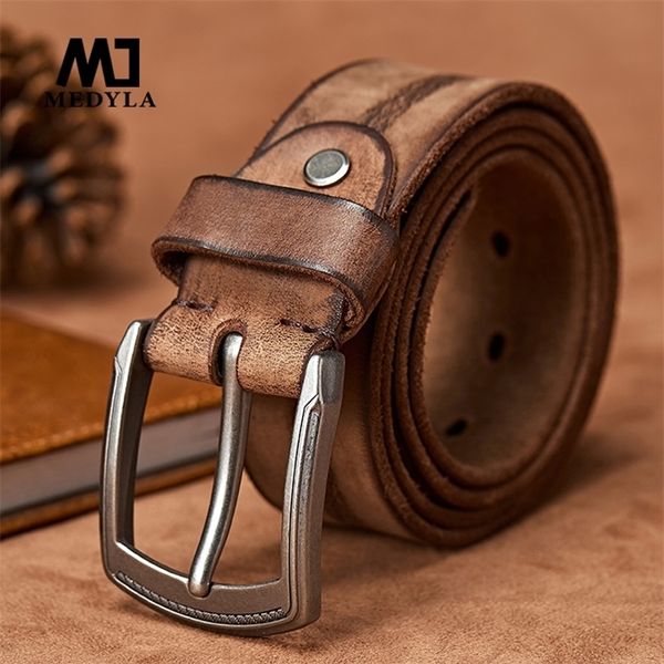 

medyla men belt alloy pin buckle advanced leather belts jeans casual original cowhide waistband youth belt handmade md567 220402, Black;brown