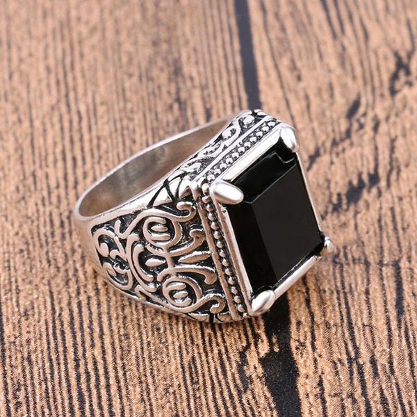 

wedding rings chinese wind vintage square black resin stone signet ring men antique gold jewelry male accessories gift, Slivery;golden