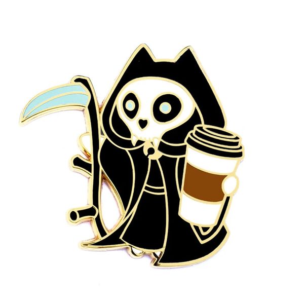 

cartoon death coffee cat the kitty grim reaper hard enamel pin badge brooch diy backpack collar pin gift jewelry accessories, Blue