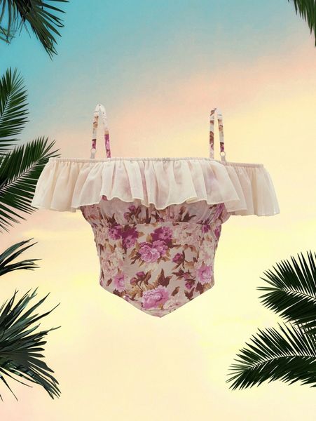 

floral ruffle trim cold shoulder b1h0#, White