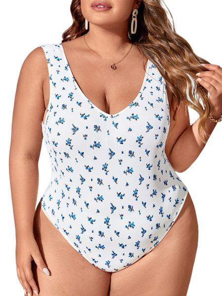 

plus floral rib knit bodysuit q5n9#, Black