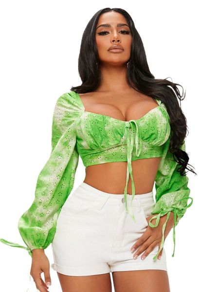 

sxy tie dye knot front sweetheart neck lantern sleeve schiffy blouse d4hq#, White