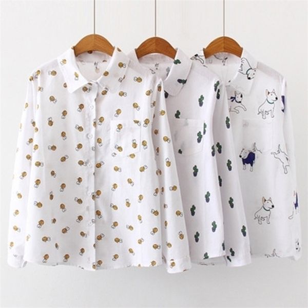 

women blouses cartoon dog bee print female long sleeve plus size 2xl 3xl shirts ladies clothing cotton fashion women shirts 210326, White