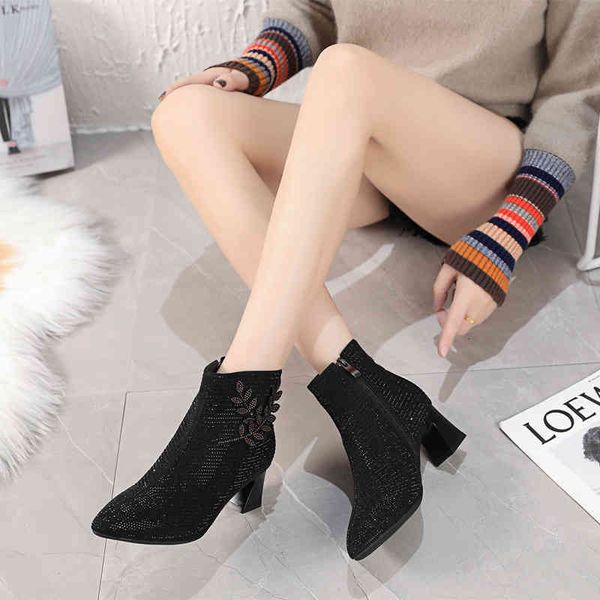 

slippers high temperature drilling thin boots autumn medium heels women's thick heels short boots pointed bare spring and u4xa, Black