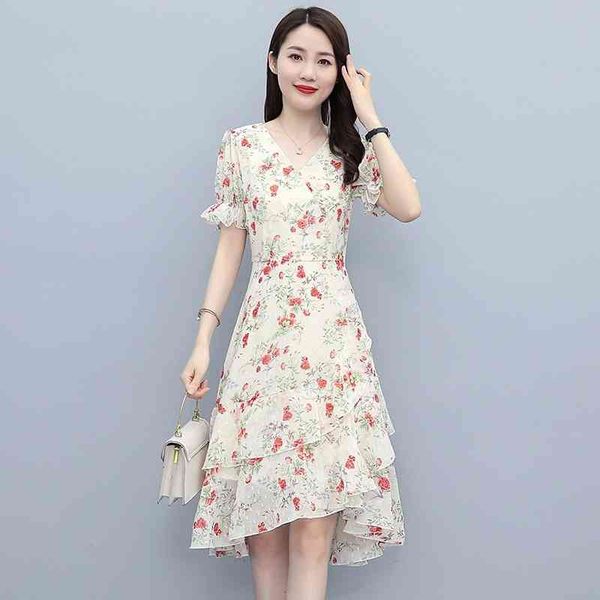 

casual dresses french chiffon floral dress women's 2022 summer style waist closing slim fashion temperament small irregular skirt kx2x, Black;gray