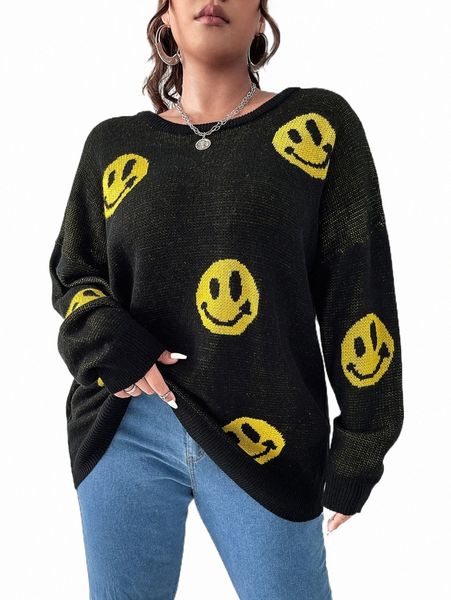 

plus expression pattern drop shoulder sweater w706#, Black