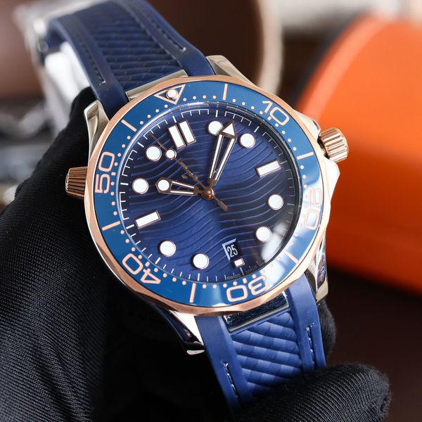 

men's luminous watch diving 300m mechanical self-winding movement glass surface rubber strap stainless steel case ceramic dial surface, Slivery;brown