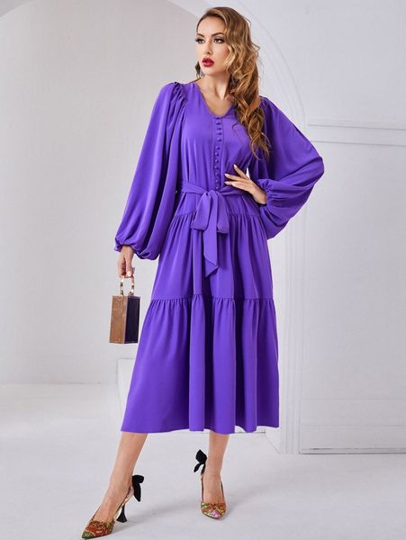 

lantern sleeve button front ruffle hem belted dress h2fr#, Black;gray