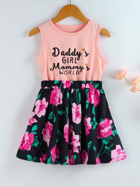 

little girl slogan vest and printed skirt she, White