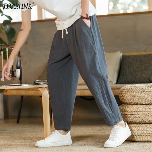 

mens cotton linen pants male casual solid color breathable loose trousers straight pants m5xl 220713, Black