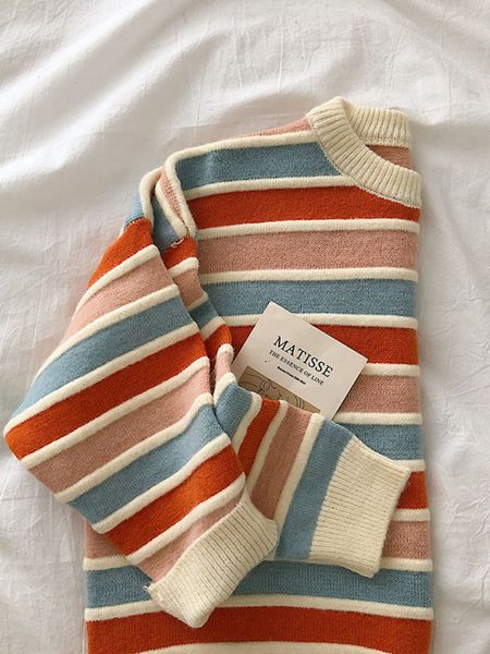 

women stripe sweater autumn winter loose long sleeve pullover korean ladies knitted patchwork sweaters 220810, White;black