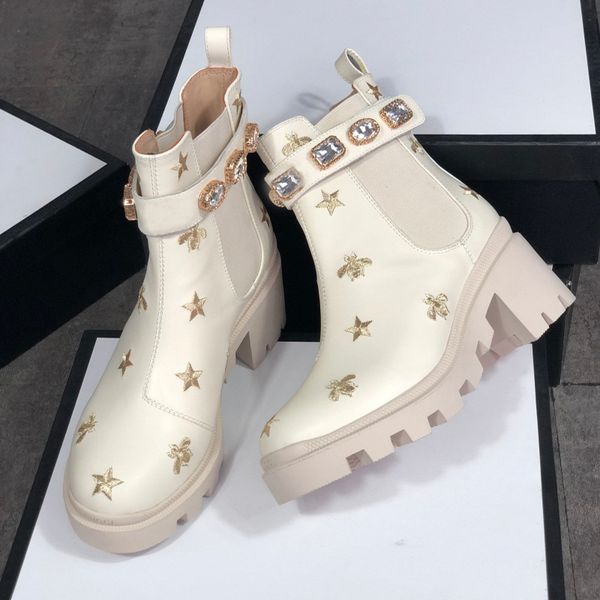 

embroiderad leather ankle boot wtih belf desert boots women designer platform martin boots chunky heel round toe jeweled grip 35-42 no13, Black