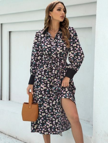 

allover floral print button front belted shirt dress e4aa#, Black;gray