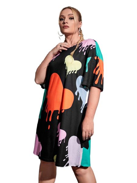 

plus heart print drop shoulder tee dress s6as#, Black