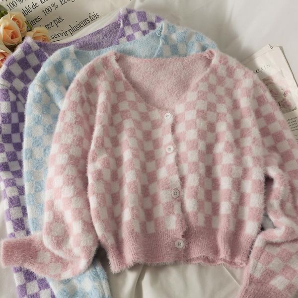 

women's knits & tees sweater women's cardigan autumn 2022 loose short wild knit coat korean plaid long-sleeved soft mohair cardiga, White