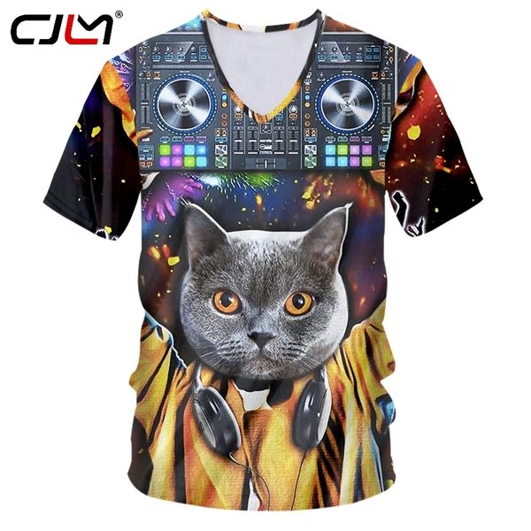 

cjlm mens summer music cat 3d printed v neck tshirt man short sleeve t-shirt casual loose oversized tee shirt custom 220619, White;black