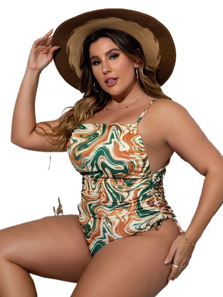 

plus marble print drawstring one piece swimsuit 26eb#, White;black