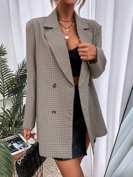 

plaid double breasted lapel neck blazer x06x#, White