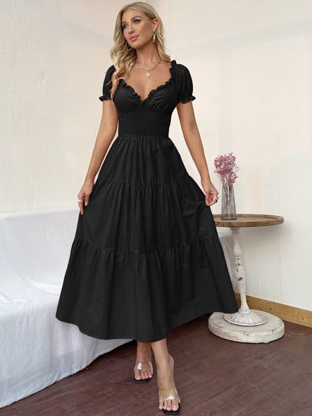 

off shoulder flounce sleeve shirred dress 495y#, Black;gray