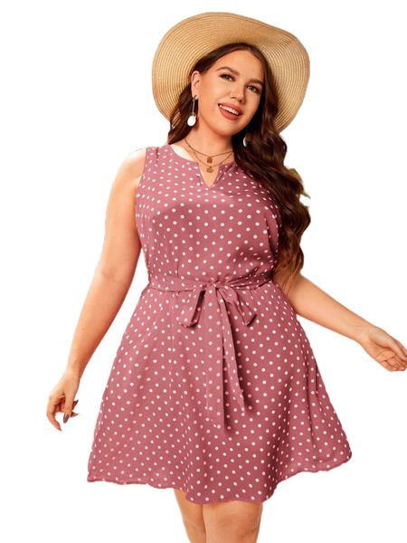 

plus polka dot notch neck belted dress j6tp#, Black