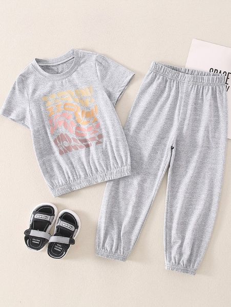 

toddler girls letter graphic tee & sweatpants she, White