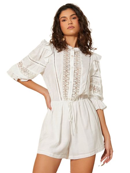 

embroidery mesh ruffle trim flounce sleeve romper u3jb#, Black;white