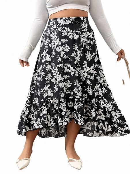 

plus floral print ruffle hem skirt p4eg#, Black