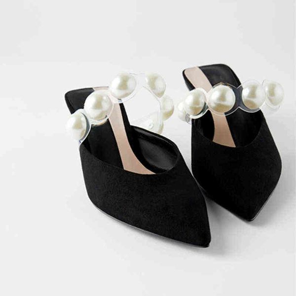 

2022 stiletto women's high-heeled shoes pearl decoration pointed toe ladies sandals slingback baotou half slippers 220409, Black