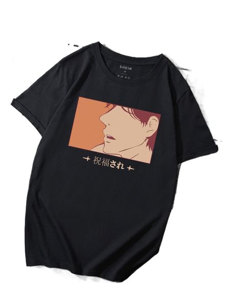 

men cartoon & japanese letter graphic tee n1y4#, White;black