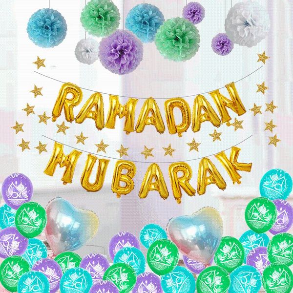 Partydekoration Zoll Latexballons Muslim Eid Mubarak Bunte Papierblumenkugel Hängende Kette Brief Banner Stern Pailletten DekorationParty