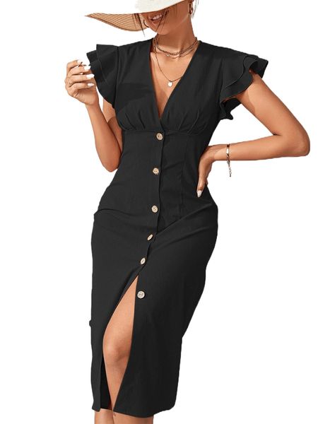

butterfly sleeve plicated detail single breasted dress d35s#, Black;gray