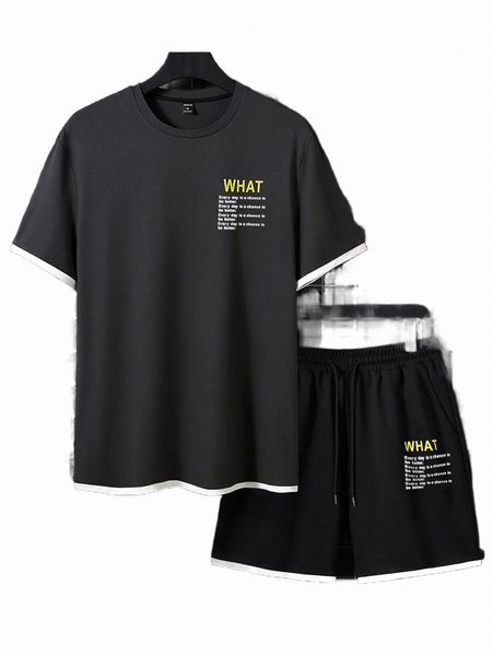 

men slogan graphic contrast binding tee & drawstring waist shorts 574a#, Gray