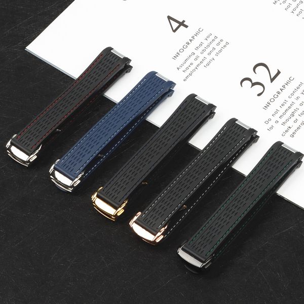 

soft 20mm watchband curved end silicone rubber watch band with metal for omega strap seamaster 300 aqua terra at150 8900 tools, Black;brown