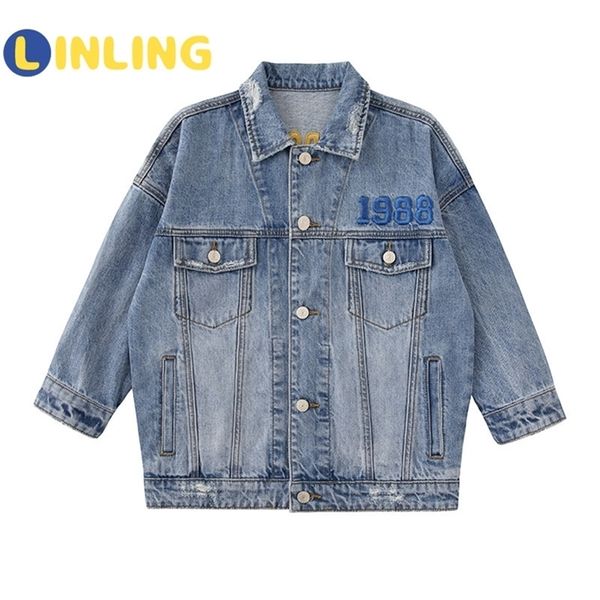 LINLING Casual Ragazze Dei Capretti Del Denim Jean Giacca Autunno abbigliamento adolescente Pulsante Cappotto Outwear Top Outwear Streetwear V259 LJ201130